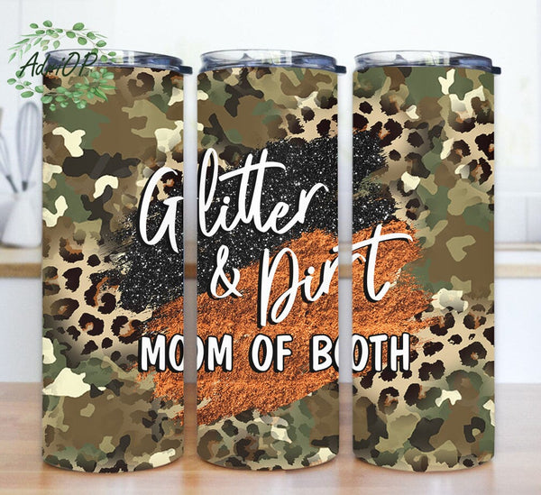 TUMBLER Glitter and Dirt Mama Of Both White Leopard Print, Gift Idea,  Mothers Day Gift, Stainless Steel 20oz with Lid and Straw