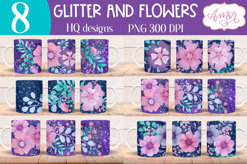 Glitter and Flowers Mug wrap PNG for Sublimation Sublimation Amorclipart 