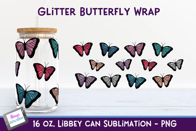 Glitter Butterfly Libbey Can Glass Sublimation Wrap - 16 oz. Sublimation Stacy's Digital Designs 