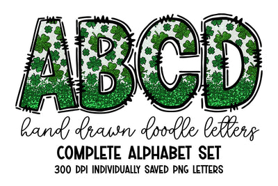 Glitter Clover St Patrick's Day Doodle Letters Alphabet Set Sublimation BijouBay 