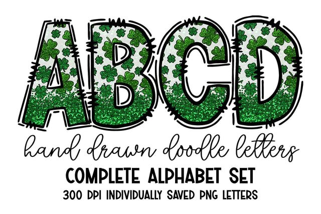 Glitter Clover St Patrick's Day Doodle Letters Alphabet Set Sublimation BijouBay 