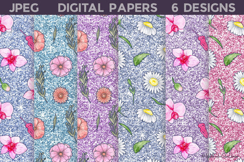 Glitter Digital Papers Bundle | Floral Seamless Pattern Digital Pattern WatercolorColorDream 