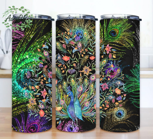 Glitter Feather Peacock 20oz Skinny Tumbler Png, Glitter Tumbler Design, Peacock Tumbler, Seamless Peacock Feathers Design, Glitter Feather Tumbler Sublimation AdriOP 