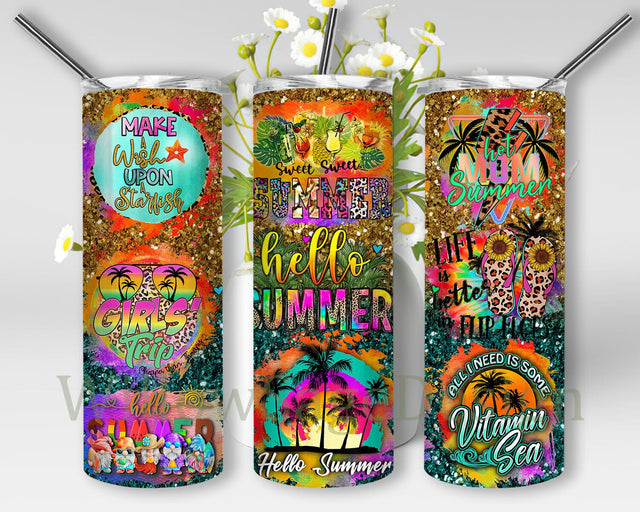 Glitter Hello Summer 20oz Skinny Tumbler Png, Starfish Turtle Glitter Beach Png, Sunset At The Beach Tumbler, Ocean Palms Summer Tumbler Sublimation WillowSageDesign 