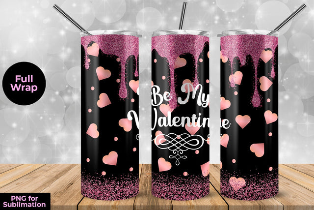 Glitter Pink Hearts Be My Valentine 20 oz Skinny Tumbler Wrap Sublimation Design Sublimation Sublimatiz Designs 