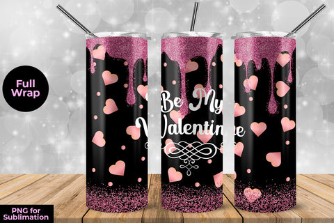Glitter Pink Hearts Be My Valentine 20 oz Skinny Tumbler Wrap Sublimation Design Sublimation Sublimatiz Designs 