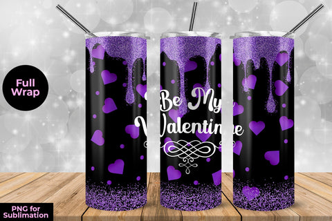 Glitter Purple Hearts Be My Valentine 20 oz Skinny Tumbler Wrap Sublimation Design Sublimation Sublimatiz Designs 