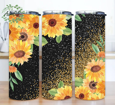 Glitter Sunflowers 20oz Skinny Tumbler Png, Black Gold Glitter Sunflower Tumbler Png, Sunflower Tumbler Png, Sunflower and Cheetah Tumbler, Tumbler Sublimation Design Sublimation AdriOP 