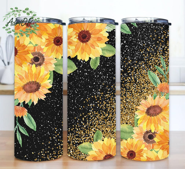 Glitter Sunflowers 20oz Skinny Tumbler Png, Black Gold Glitter Sunflower Tumbler Png, Sunflower Tumbler Png, Sunflower and Cheetah Tumbler, Tumbler Sublimation Design Sublimation AdriOP 
