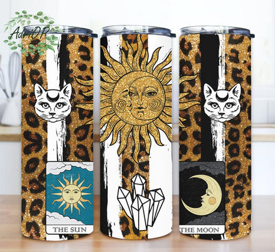 Glitter Tarot Sun And Moon 20oz Skinny Tumbler Png, Moon Sun Tarot Tumbler, Deaths Head Moth, Tarot Reader Gifts, Leopard Gold Glitter Tumbler Sublimation AdriOP 