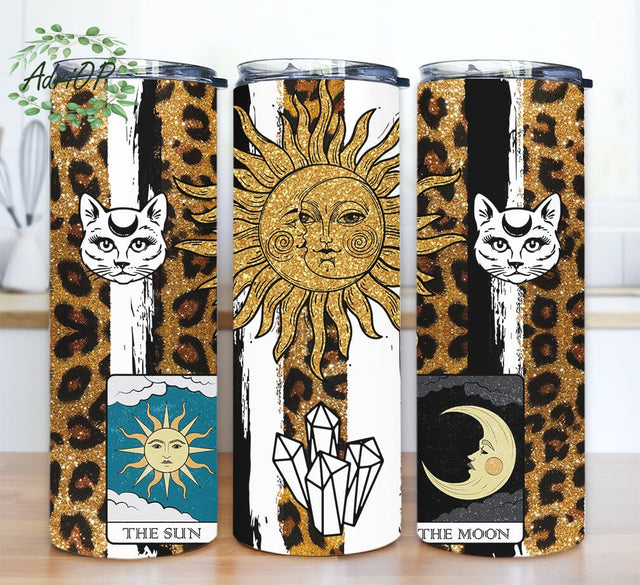 Glitter Tarot Sun And Moon 20oz Skinny Tumbler Png, Moon Sun Tarot Tumbler, Deaths Head Moth, Tarot Reader Gifts, Leopard Gold Glitter Tumbler Sublimation AdriOP 