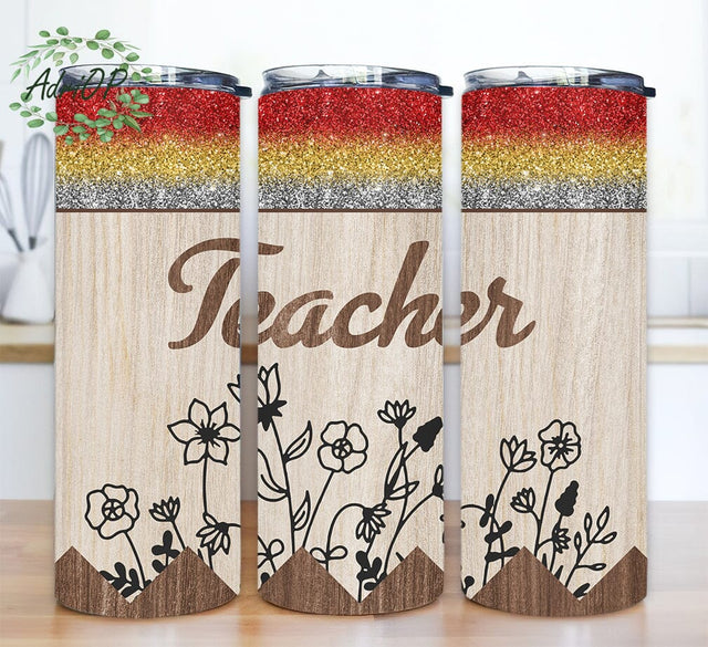 Glitter Teacher Pencil 20oz Skinny Tumbler Png, Custom Teacher Tumbler, Teacher Appreciation Gift, School Seamless Tumbler Wrap, Glitter Pencil Tumbler Sublimation AdriOP 