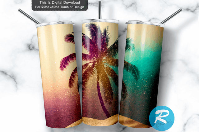 Glitter with Palm Tree Beach 20 oz / 30 oz Tumbler PNG Sublimation Regulrcrative 