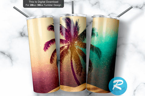 Glitter with Palm Tree Beach 20 oz / 30 oz Tumbler PNG Sublimation Regulrcrative 