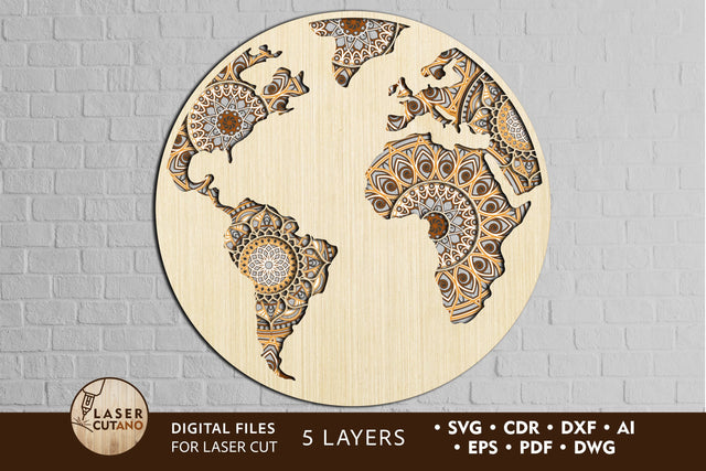 GLOBE Multilayer Laser Cut File for Laser Cut Wood, Cricut, CNC Machines. Mandala. Round Sign SVG SVG LaserCutano 