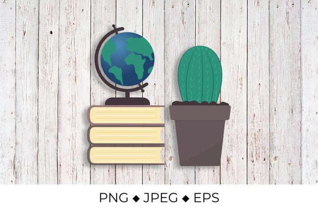 Globe on a stack of books and cactus. Sublimation LaBelezoka 