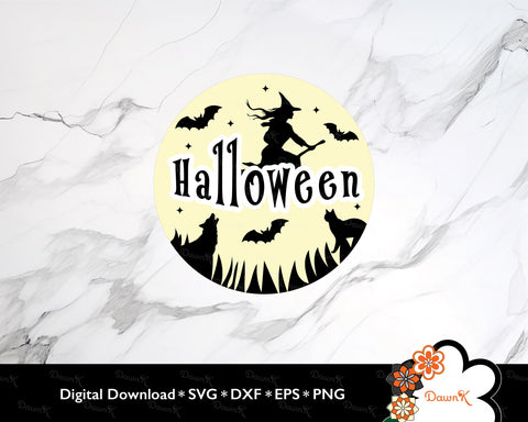 Glowing Full Moon Magical Halloween | Witch, Bats, Black Cat, Howling Wolf, and Stars SVG SVG DawnKDesigns 