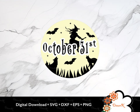 Glowing Full Moon Magical October 31st: Witch, Bats, Black Cat, Howling Wolf, and Stars SVG SVG DawnKDesigns 