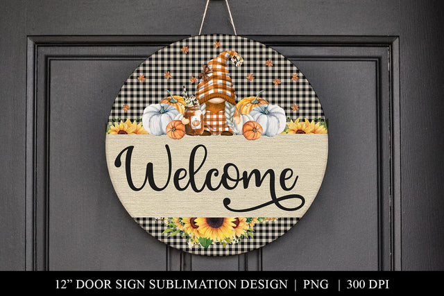 Gnome, Buffalo Plaid & Sunflowers Round Welcome Door Sign Sublimation BijouBay 