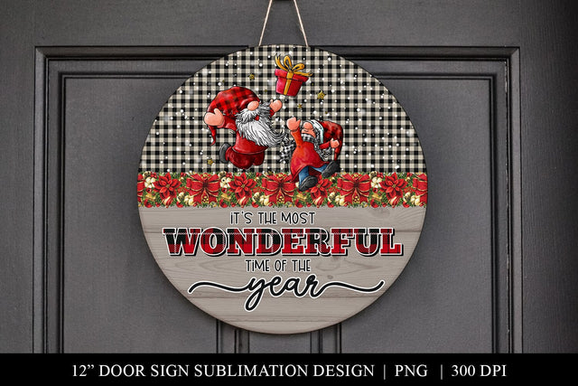 Gnome Christmas Door Hanger, Festive Xmas Round Sign PNG SVG BijouBay 