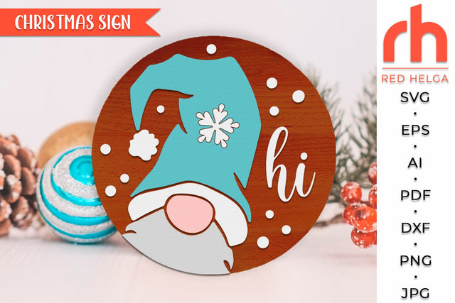 Gnome Hi Sign SVG, Layered Door Hanger Cut File, Peeking Gnome Silhouette, Christmas Decor DXF SVG RedHelgaArt 