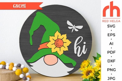 Gnome Hi SVG, Layered Hanger Cut File, Gnome with Sunflower Silhouette, Summer Door Sign DXF SVG RedHelgaArt 