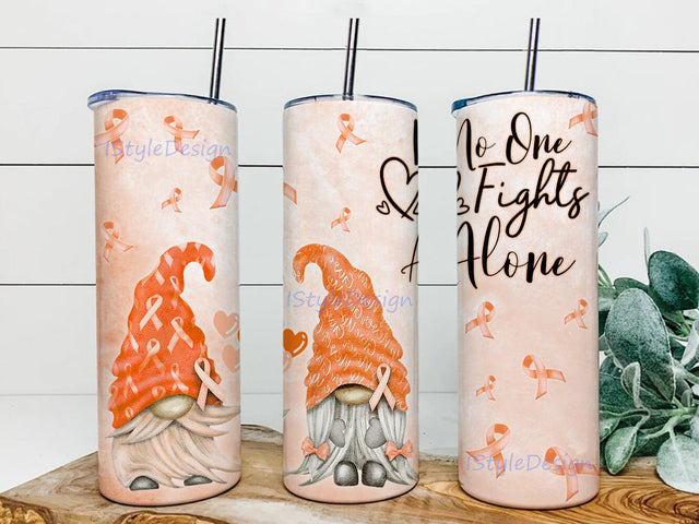 Gnome No One Fights Alone 20oz Skinny Tumbler Png, Orange Ribbon Gnome Tumbler Png, Cancer Awareness Tumbler Gift, Tumbler Sublimation Design Sublimation iStyleDesign 