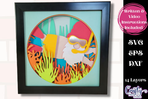 Gnome Svg Shadow Box, 3D Layered Gnome Swimming In Ocean Svg SVG Crafty Mama Studios 