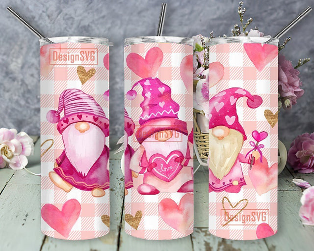 Gnome Valentine Heart 20oz Skinny Tumbler Sublimation Designs, Valentines Day Gnomes Wrap PNG File Sublimation DesignSVG 
