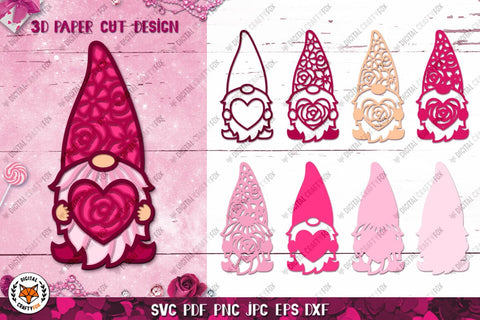 Gnome Valentine SVG,3D Valentines Day SVG,3D Gnome Paper Cut SVG Digital Craftyfox 