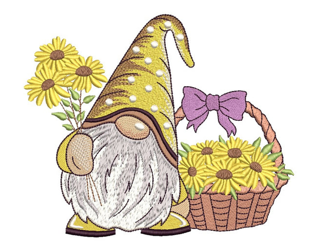 Gnome with a Basket of Flowers Embroidery Design, 3 sizes Embroidery/Applique DESIGNS Nino Nadaraia 