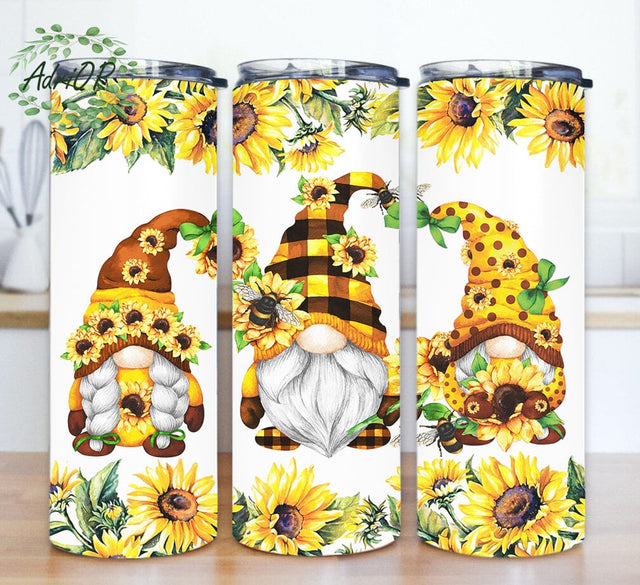 Gnomes And Sunflowers 20oz Skinny Tumbler, Sunflowers Tumbler Wrap, Gnomes Sublimation Design, Bees Gnome Tumbler Design, Instant Download Sublimation AdriOP 