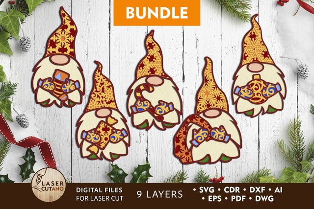 GNOMES CHRISTMAS BUNDLE Multilayer Laser Cut Files, Mandala, 3D Designs, Mini Design Bundles SVG LaserCutano 