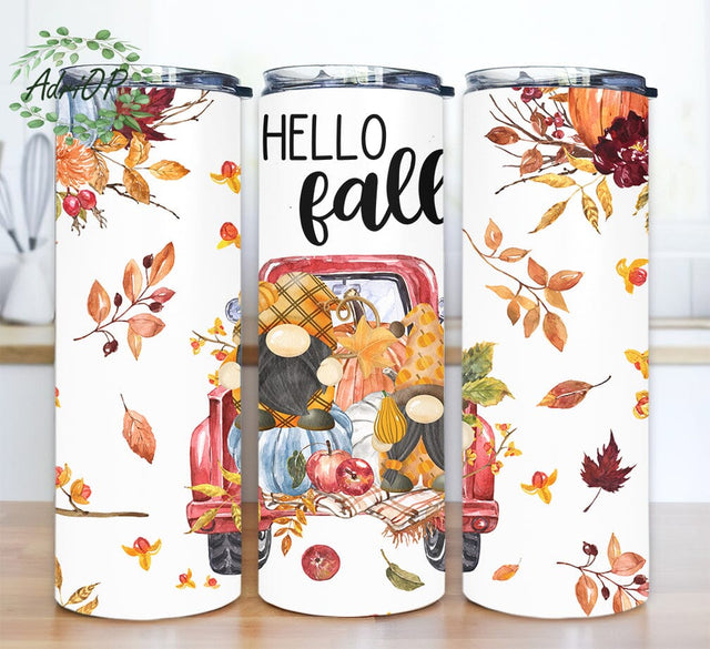 Gnomes Hello Fall 20oz Skinny Tumbler Png, Autumn Design, Fall Gnomes Tumbler, Cute Funny Design, Autumn Hello Pumpkin Tumbler, Pumpkin Tumbler Sublimation AdriOP 