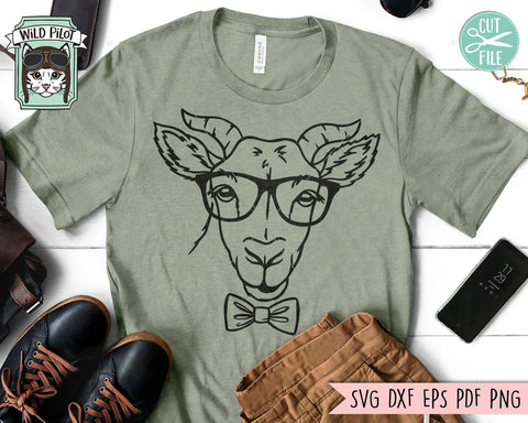 Goat svg file, Goat with Glasses Bowtie svg, Goat cut file, Animal Face svg, Cute Boy Goat svg, Goat Eyeglasses svg file, Bull svg, Love Goats svg SVG Wild Pilot 