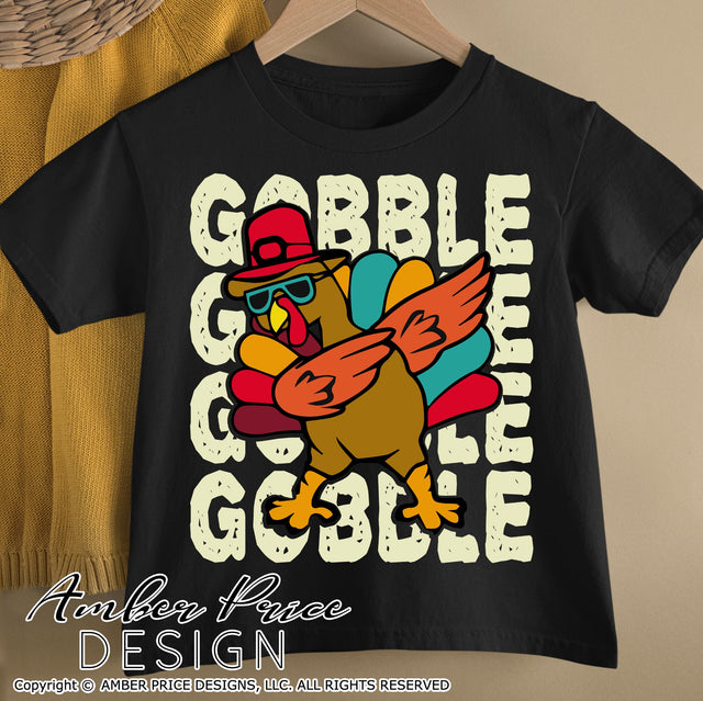 Gobble Gobble SVG with dabbing turkey | Kid's Thanksgiving SVG PNG DXF | Cute Fall SVGs for Boys and Girls SVG Amber Price Design 
