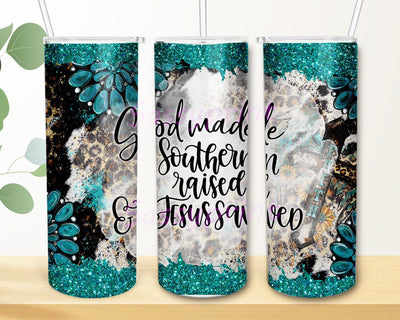 God Made Southern Raised Jesus Saved Png, Western Christian 20oz Skinny Tumbler, Leopard Cowhide Tumbler Wrap, Turquoise Glitter Sublimation Design, Instant Download Sublimation sassyprint 