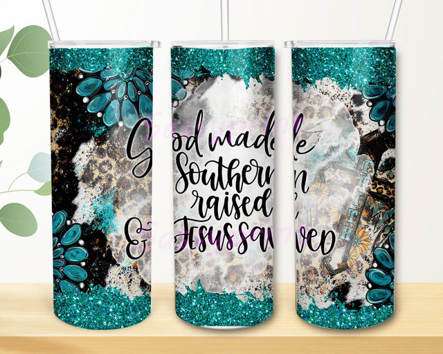 God Made Southern Raised Jesus Saved Png, Western Christian 20oz Skinny Tumbler, Leopard Cowhide Tumbler Wrap, Turquoise Glitter Sublimation Design, Instant Download Sublimation sassyprint 