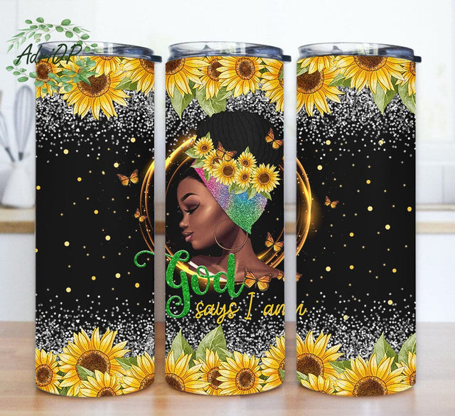 God Says I Am Tumbler Design, Black Women 20oz Skinny Tumbler, Sunflower Glitter Tumbler Wrap, Black Afro Girl Sublimation Design, Instant Download Sublimation AdriOP 