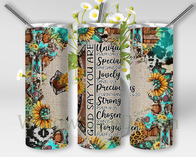 God Says You Are 20 oz Skinny Tumbler, Christian Tumbler Wrap, Sunflower Tumbler Png, Jesus Cow Sunflower Png, God Cross Png Sublimation WillowSageDesign 