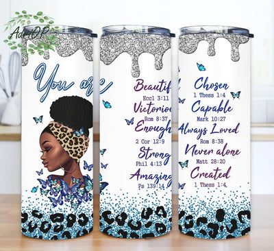 God Says You Are Beautiful Black Girl 20oz Skinny Tumbler Png, Glitter Leopard Tumbler, Blue Leopard Tumbler, Black Women You Are Beautiful Tumbler Sublimation AdriOP 
