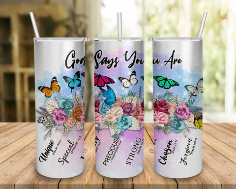 God Says You Are Butterfly Boho Flowers PNG Sublimation Designs, Christian Bible Verse Gift Tumbler Png 20oz Skinny Tumbler Digital Pattern BOO-design 