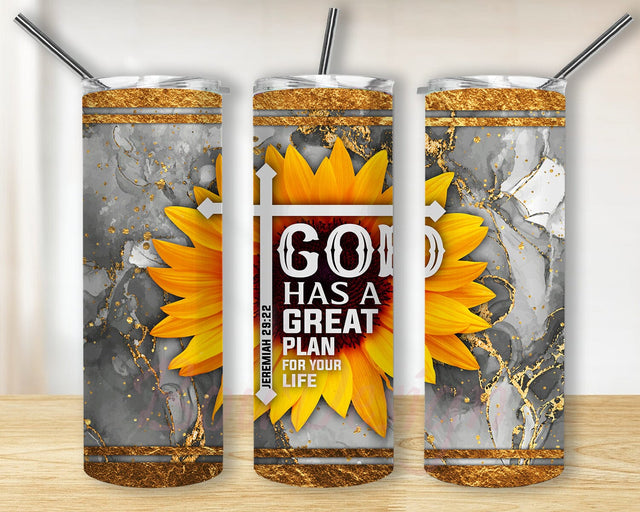 God Sunflower 20oz Skinny Tumbler, God Has A Great Plan For Your Life Tumbler Png, Bible Verse Sublimation Design, Motivational Quote Tumbler Design for Straight, Digital Download Sublimation BouDesign 