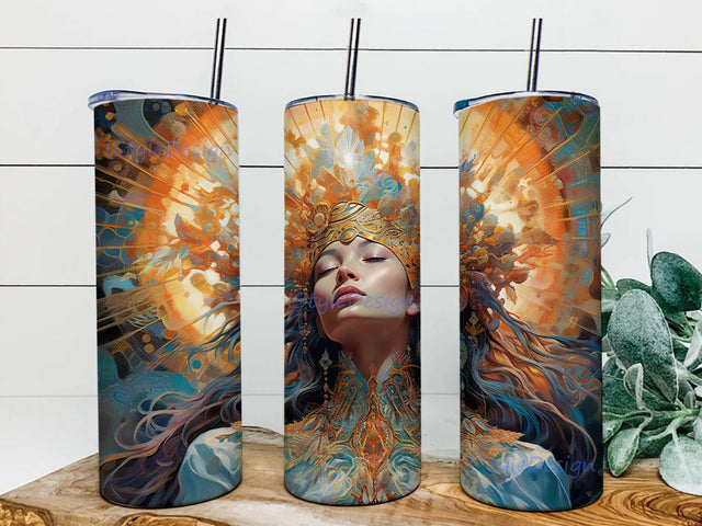 Goddess 20oz Skinny Tumbler Sublimation Design, Golden Tumbler Beutiful Woman Sunlight, Goddess Portrait Watercolor Design, Digital Download Sublimation iStyleDesign 