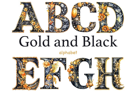 Gold and Black Alphabet Clipart | Retro Letters PNG SVG GlamArtZhanna 