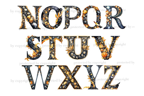 Gold and Black Alphabet Clipart | Retro Letters PNG SVG GlamArtZhanna 