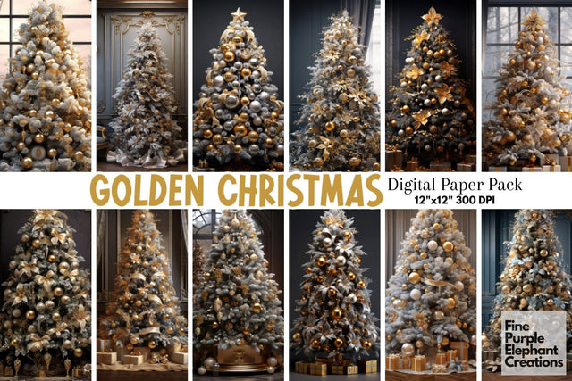 Gold and Silver Christmas Tree | Holiday Background Digital Pattern Fine Purple Elephant Creations 