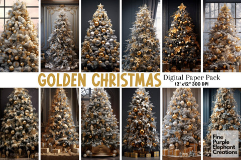Gold and Silver Christmas Tree | Holiday Background Digital Pattern Fine Purple Elephant Creations 