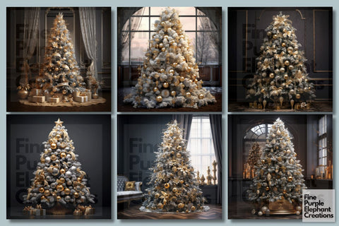Gold and Silver Christmas Tree | Holiday Background Digital Pattern Fine Purple Elephant Creations 