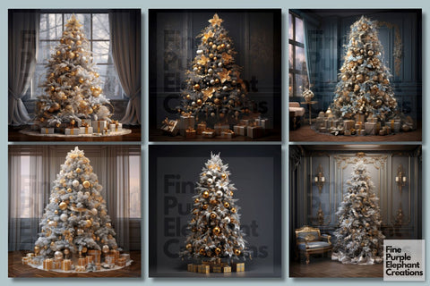 Gold and Silver Christmas Tree | Holiday Background Digital Pattern Fine Purple Elephant Creations 